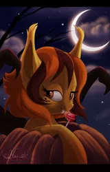 Size: 1024x1598 | Tagged: safe, artist:hecatehell, derpibooru import, oc, oc:pumpkin spice(hecatehell), unofficial characters only, bat pony, pony, candy, cloud, cloudy, fangs, food, freckles, fruit bat pony, lollipop, moon, night, pumpkin, sky