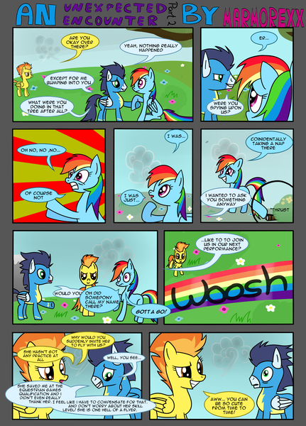 Size: 2500x3483 | Tagged: safe, artist:marmorexx, derpibooru import, rainbow dash, soarin', spitfire, comic:an unexpected encounter, comic, female, male, shipping, soarindash, straight