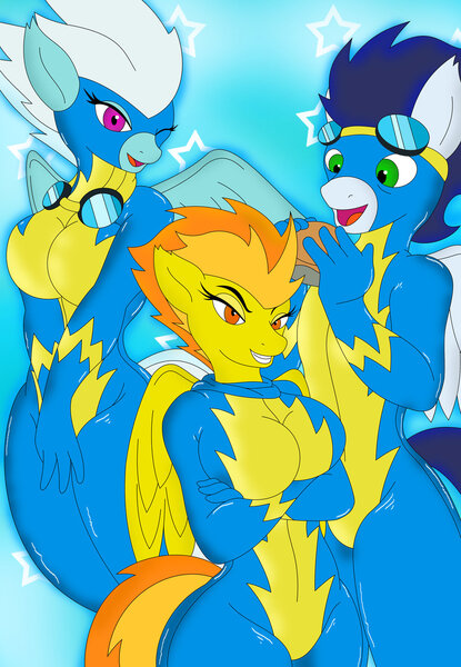 Size: 1024x1482 | Tagged: anthro, artist:alexfur02, breasts, busty fleetfoot, busty spitfire, clothes, derpibooru import, female, fleetfoot, food, pie, soarin', spitfire, suggestive, uniform, wonderbolts, wonderbolts uniform