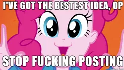 Size: 610x343 | Tagged: safe, derpibooru import, edit, screencap, pinkie pie, equestria girls, equestria girls (movie), :3, caption, cute, helping twilight win the crown, image macro, it's time to stop posting, jazz hands, meme, op, pinkie's catface, reaction image, text, vulgar