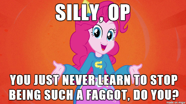Size: 610x343 | Tagged: safe, derpibooru import, pinkie pie, equestria girls, equestria girls (movie), caption, helping twilight win the crown, image macro, meme, op, op is a faggot, pinkie's catface, reaction image, shrug, text, vulgar