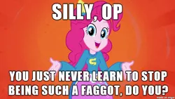 Size: 610x343 | Tagged: safe, derpibooru import, pinkie pie, equestria girls, equestria girls (movie), caption, helping twilight win the crown, image macro, meme, op, op is a faggot, pinkie's catface, reaction image, shrug, text, vulgar