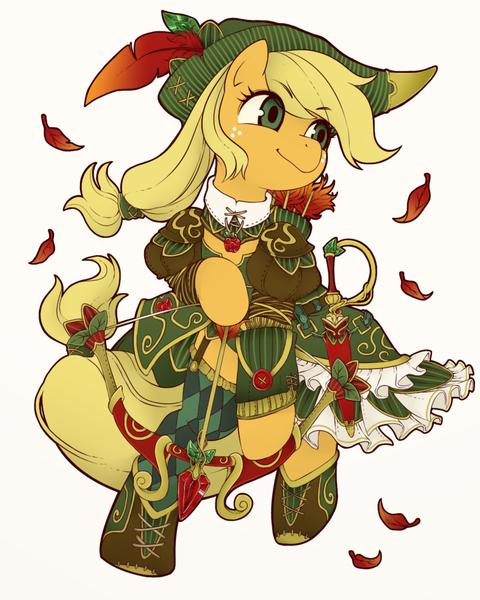 Size: 1024x1280 | Tagged: safe, artist:umeguru, derpibooru import, applejack, earth pony, pony, arrow, bow (weapon), bow and arrow, clothes, female, freckles, mare, solo, sword, weapon