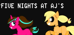 Size: 1006x469 | Tagged: applefreddy, applejack, derpibooru import, five nights at aj's, five nights at freddy's, glowing eyes, missing hat, oc, running, safe, solo