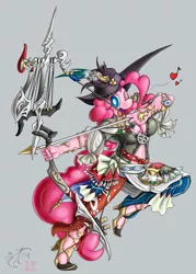 Size: 1200x1680 | Tagged: anthro, archery, arrow, artist:melancholy, bard, bow and arrow, bow (weapon), clothes, crossover, derpibooru import, fantasy class, final fantasy, final fantasy xiv, pinkie pie, plantigrade anthro, safe, simple background, solo, weapon