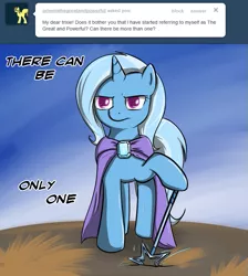 Size: 647x723 | Tagged: safe, artist:theparagon, derpibooru import, trixie, pony, unicorn, ask trixie, cape, clothes, female, highlander, mare, solo, there can be only one, trixie's cape, tumblr, wand