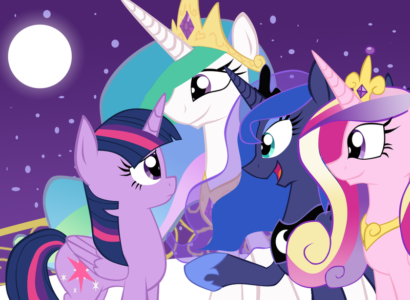 Size: 1024x750 | Tagged: safe, artist:tigerpegasus, derpibooru import, princess cadance, princess celestia, princess luna, twilight sparkle, twilight sparkle (alicorn), alicorn, pony, twilight's kingdom, alicorn tetrarchy, female, mare, moon, night, scene interpretation, you'll play your part