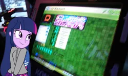 Size: 1600x960 | Tagged: safe, derpibooru import, twilight sparkle, equestria girls, arcade, beforu, colossus, dance dance revolution, graduation (ddr), photo, rhythm game, winter coat