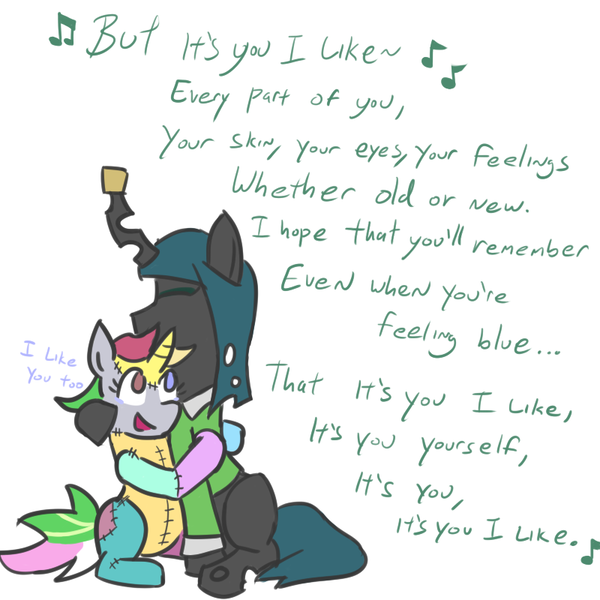 Size: 800x800 | Tagged: artist:jargon scott, clothes, cork, derpibooru import, dialogue, frankenpony, frankenstein's monster, horn, horn guard, hug, mister rogers, mister rogers' neighborhood, oc, oc:mismatch, queen chrysalis, queen chrysalis' neighborhood, ragdoll, safe, sweater