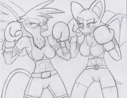Size: 1652x1268 | Tagged: safe, artist:sonigoku, derpibooru import, gilda, anthro, gryphon, boxing, boxing gloves, commission, crossover, monochrome, rouge the bat, sonic the hedgehog (series), sports, traditional art