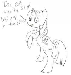 Size: 759x806 | Tagged: safe, artist:itsthinking, derpibooru import, twilight sparkle, twilight sparkle (alicorn), alicorn, pony, bipedal, female, mare, monochrome, op is a faggot, solo, vulgar