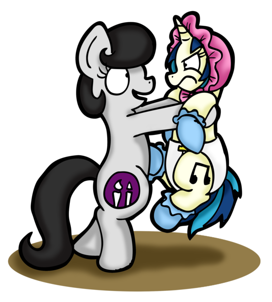Size: 2333x2588 | Tagged: safe, artist:bobthedalek, derpibooru import, vinyl scratch, oc, oc:mixed melody, oc:octavia's mother, earth pony, pony, unicorn, baby, background pony, bipedal, bonnet, booties, boots, diaper, female, lifting, mare, mothers gonna mother, shoes, unamused, vinyl is not amused