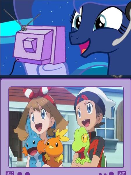 Size: 643x858 | Tagged: safe, derpibooru import, princess luna, mudkip, torchic, treecko, gamer luna, exploitable meme, image, jpeg, may, may (pokémon), meme, obligatory pony, pokémon, pokémon omega ruby and alpha sapphire, ruby, tv meme