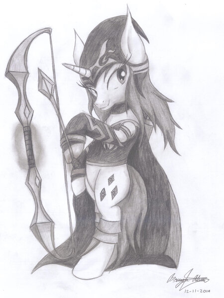 Size: 1280x1707 | Tagged: archer, arrow, artist:brab777, ashe, bow and arrow, bow (weapon), crossover, derpibooru import, league of legends, monochrome, rarity, safe, solo, weapon