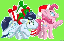 Size: 1100x700 | Tagged: safe, artist:thewardenx3, derpibooru import, pinkie pie, soarin', carrying, chest fluff, christmas, female, goggles, hat, holiday, male, mouth hold, old cutie mark, present, santa hat, shipping, soarinpie, straight