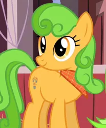 Size: 338x408 | Tagged: safe, derpibooru import, screencap, apple pie (character), perfect pie, earth pony, pony, the last roundup, apple family member, background pony, bandana, cropped, female, mare, smiling, solo