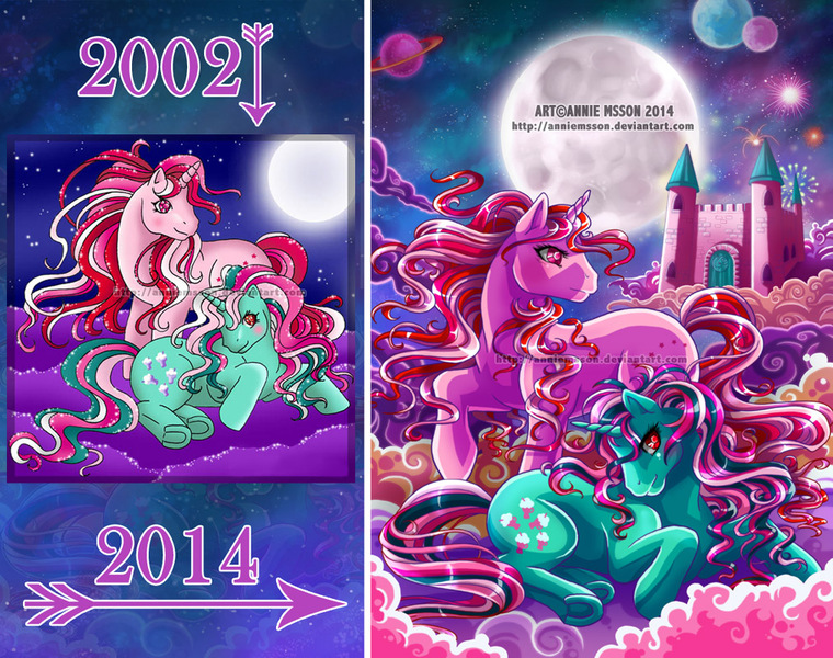 Size: 1013x800 | Tagged: artist:anniemsson, cloud, cloudy, comparison, derpibooru import, draw this again, dream castle, fireworks, fizzy, g1, galaxy (g1), moon, redraw, safe, space, twinkle eyed pony, underhoof