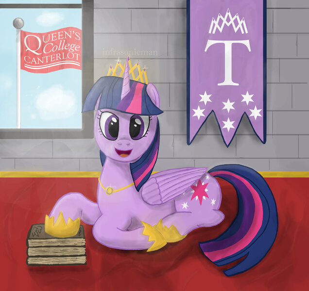 Size: 1024x966 | Tagged: safe, artist:infrasonicman, derpibooru import, twilight sparkle, twilight sparkle (alicorn), alicorn, pony, banner, book, crown, female, flag, jewelry, looking at you, mare, regalia, solo