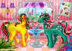 Size: 1050x742 | Tagged: artist:anniemsson, cafe, cute, derpibooru import, dream castle, duo, fizzy, fizzybetes, food, g1, ice cream, rainbow, safe, tic tac taww, tic tac toe (g1), watermark