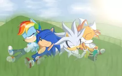 Size: 840x525 | Tagged: anthro, artist:atomiclance, crossover, dead source, derpibooru import, miles "tails" prower, plantigrade anthro, rainbow dash, safe, silver the hedgehog, sonicified, sonic the hedgehog, sonic the hedgehog (series), style emulation