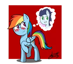 Size: 1024x887 | Tagged: safe, artist:macdaddyzak, derpibooru import, rainbow dash, soarin', blushing, female, male, shipping, soarindash, straight, thought bubble