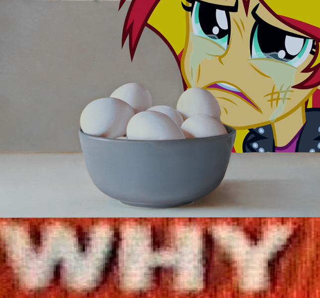 Size: 772x719 | Tagged: safe, derpibooru import, sunset shimmer, equestria girls, 4chan, bowl, caption, crying, egg (food), expand dong, exploitable meme, food, image macro, meme, sad, sunsad shimmer, wat, why.jpg, you have to eat all the eggs