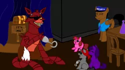 Size: 1600x900 | Tagged: safe, artist:petunedrop, derpibooru import, oc, ponified, fox, pony, crossover, digital art, five nights at freddy's, foxy, mike schmidt, security guard, this will end in death, this will end in tears, this will end in tears and/or death