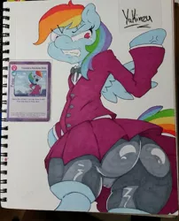 Size: 715x885 | Tagged: suggestive, artist:yukinzu, derpibooru import, rainbow dash, pegasus, pony, semi-anthro, twilight sparkle's secret shipfic folder, ass, bipedal, butt, clothes, compression shorts, female, huge butt, large butt, mare, plot, rainbutt dash, signature, simple background, solo, the ass was fat, traditional art, tsundere, white background