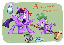 Size: 600x421 | Tagged: safe, artist:nukilik, derpibooru import, spike, twilight sparkle, twilight sparkle (alicorn), alicorn, pony, bandana, broom, bucket, cleaning, female, mare, soap