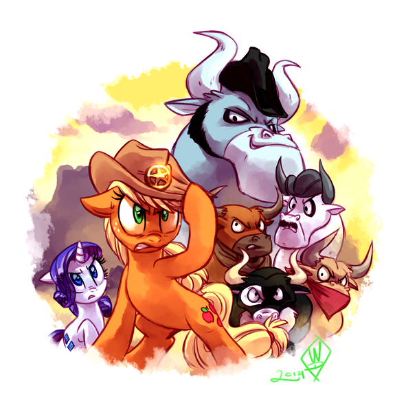 Size: 1280x1299 | Tagged: safe, artist:whitediamonds, derpibooru import, idw, angus mcsteer, applejack, buffalo bull, doc holstein, jersey shore (character), king longhorn, rarity, bull, earth pony, pony, unicorn, spoiler:comic, bulls, cattle rustlers, female, floppy ears, freckles, hat, lesbian, male, mare, rarijack, rarijack daily, sheriff, sheriffjack, shipping