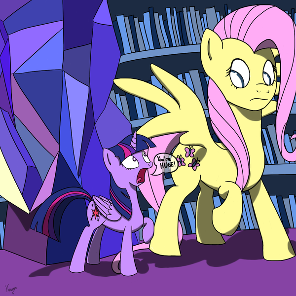 Size: 1200x1200 | Tagged: safe, artist:varemia, derpibooru import, fluttershy, twilight sparkle, twilight sparkle (alicorn), alicorn, pony, dialogue, female, growth, library, mare, open mouth, spread wings, twilight's castle, wings