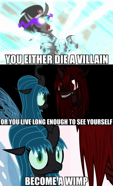 Size: 943x1552 | Tagged: batman, caption, derpibooru import, drama, drama bait, edit, edited screencap, image macro, king sombra, meme, oc, oc:marksaline, queen chrysalis, safe, screencap, text, the crystal empire, the dark knight, tumblr:ask fluffle puff, you either die a hero or live long enough to see yourself become the villain