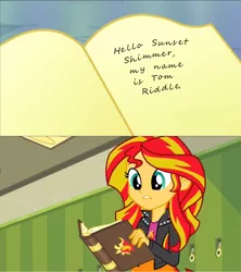 Size: 1436x1616 | Tagged: safe, derpibooru import, screencap, sunset shimmer, equestria girls, rainbow rocks, crossover, exploitable meme, harry potter, journey book, meme, sunset shimmer's book, this will end in tears, tom riddle