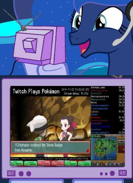 Size: 560x769 | Tagged: derpibooru import, exploitable meme, gamer luna, meme, obligatory pony, pokémon, pokémon omega ruby and alpha sapphire, princess luna, safe, tv meme, twitch plays pokémon