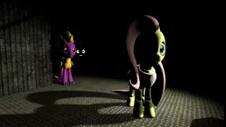 Size: 1191x670 | Tagged: animatronic, applefreddy, applejack, artist needed, creepy, derpibooru import, five nights at aj's, five nights at freddy's, flutterchica, fluttershy, glowing eyes, looking at you, oc, original character do not steal, robot, safe, scared, this will end in tears