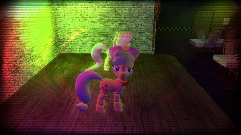 Size: 1024x576 | Tagged: 3d, animatronic, applefreddy, applejack, bloodshot eyes, crazy face, creepy, derpibooru import, faic, five nights at aj's, five nights at freddy's, flutterchica, fluttershy, gmod, looking at you, robot, safe, sharp teeth, source filmmaker, teeth, this will end in tears, twilight sparkle