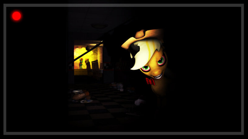 Size: 1024x576 | Tagged: 3d, animatronic, applefreddy, applejack, crazy face, derpibooru import, faic, five nights at aj's, five nights at freddy's, fluttershy, glowing eyes, gmod, looking at you, robot, safe, solo, source filmmaker, twilight sparkle