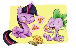 Size: 628x396 | Tagged: safe, artist:nukilik, derpibooru import, spike, twilight sparkle, twilight sparkle (alicorn), alicorn, pony, twilight time, chips, eating, female, food, mare, nachos