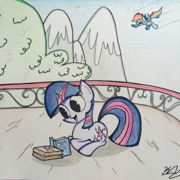 Size: 2439x2439 | Tagged: ><, artist:pelate, book, derpibooru import, eyes closed, prone, rainbow dash, safe, scene interpretation, traditional art, twilight sparkle