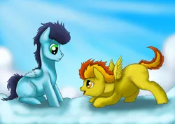 Size: 1984x1403 | Tagged: artist:exelzior, blank flank, colt, cute, cutefire, derpibooru import, female, filly, male, safe, soarin', soarinbetes, spitfire, younger