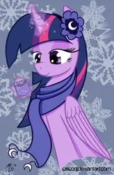 Size: 900x1375 | Tagged: safe, artist:ciscoql, derpibooru import, twilight sparkle, twilight sparkle (alicorn), alicorn, pony, clothes, female, magic, mare, scarf, solo, telekinesis