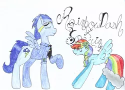 Size: 1024x741 | Tagged: safe, artist:xxclaystarxx, derpibooru import, rainbow dash, soarin', clothes, female, male, shipping, soarindash, straight, traditional art, uniform, wonderbolts dress uniform