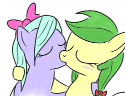 Size: 720x549 | Tagged: safe, artist:mansun, derpibooru import, apple fritter, flitter, earth pony, pegasus, pony, apple family member, apple flitter (ship), blushing, bow, eyes closed, female, hair bow, kissing, lesbian, mare, shipping, simple background, white background