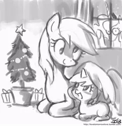 Size: 833x862 | Tagged: safe, artist:johnjoseco, derpibooru import, derpy hooves, dinky hooves, princess luna, pegasus, pony, ask gaming princess luna, christmas, christmas tree, creepy, equestria's best mother, female, grayscale, holiday, mare, monochrome, tree