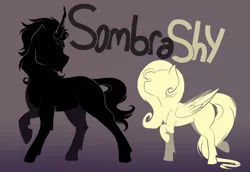 Size: 1000x687 | Tagged: safe, artist:evehly, derpibooru import, fluttershy, king sombra, pegasus, pony, unicorn, colored horn, curved horn, female, horn, male, mare, shipping, silhouette, sombra horn, sombrashy, stallion, straight, text