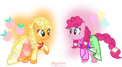 Size: 1209x661 | Tagged: alternate hairstyle, anna, applejack, artist:meganlovesangrybirds, clothes, derpibooru import, dress, elsa, frozen (movie), pinkie pie, safe, simple background, transparent background