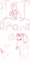 Size: 700x1400 | Tagged: safe, artist:goat train, deleted from derpibooru, derpibooru import, oc, oc:cumulonimbus, oc:goatmod, unofficial characters only, goat, pony, coach, comic, cowering, dodgeball, giant pegasus, giant pony, gym, hooves, macro, mlpg, monochrome, scared, sketch, sometimes you need a much bigger gym for giant ponys (literally and i mean it), underhoof, whistle