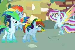 Size: 4500x3000 | Tagged: safe, artist:rulette, derpibooru import, rainbow dash, soarin', oc, oc:crisp breeze, oc:spectrum haste, female, large wings, male, offspring, parent:rainbow dash, parent:soarin', parents:soarindash, rainbow power, rainbow power-ified, shipping, soarindash, straight, wings