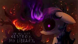 Size: 1920x1080 | Tagged: grimdark, artist:underpable, derpibooru import, twilight sparkle, twilight sparkle (alicorn), alicorn, pony, twilight's kingdom, angry, black sclera, dark magic, death stare, female, fire, floppy ears, golden oaks library, looking at you, magic, mare, messy mane, shit just got real, slit eyes, solo, super saiyan princess, this ended in fire, this will end in death, tirek is doomed, xk-class end-of-the-world scenario