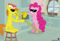 Size: 1024x701 | Tagged: artist:mlpblueray, bipedal, carrot cake, derpibooru import, parody, pinkie pie, safe, smiling, stool, sunglasses, trombone, vine video, when mama isn't home